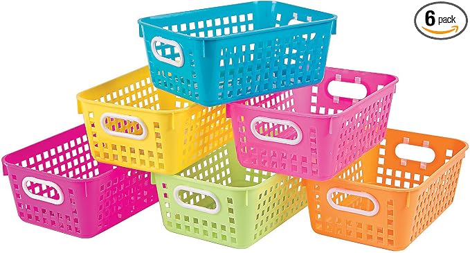 Fun Express Neon Tall Plastic Storage Baskets with Handles - Set of 6 - Classroom, Kids Room, Daycare, Montessori Sorting Bins by FunExpress