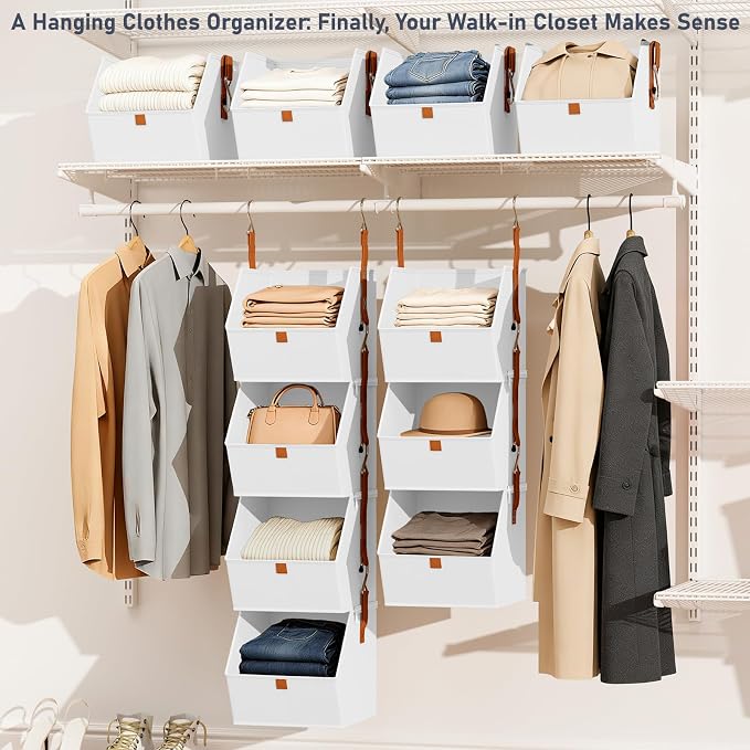 DIMJ Hanging Closet Organizer - 4 Tier Collapsible Hanging Shelves with Hooks Zipper, Fabric Clothes Organizer, Space-Saving Storage Bin Basket for RV, Bedroom, Laundry Organization - Image 2