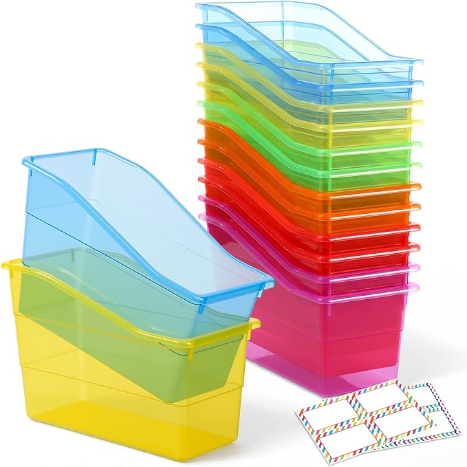 Blosssound 12 Set Book Bins for Classroom Stackable,Translucent Colorful | Plastic Baskets with Labels, Slanted Front, Library Supplies Organizers, Desktop Storage Bins, Teachers Home School Use by Blosssound