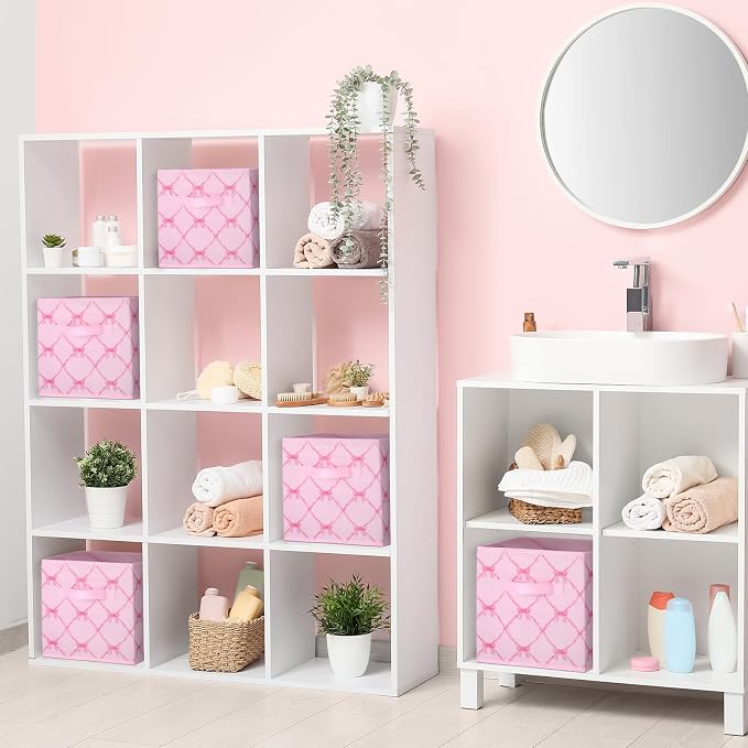6 Pcs Pink Bow Cube Storage Bins 11 Inch Storage Basket with Handle | Preppy Girls Organizer Basket, Collapsible Fabric Box for Classroom Bedrooms Office Home Decoration Gift - Image 6