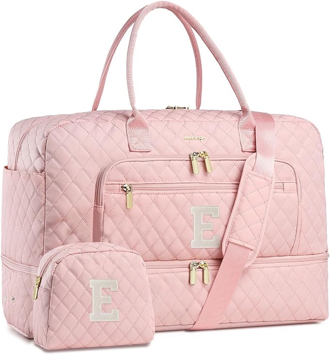 Initial Travel Duffle Bag for Women - Pink Personalized Weekender Bags Overnight Bag with Shoe Compartment & Wet Pocket Weekend Tote Bags with Toiletry Bag Monogram Gifts (Letter E) by LUOCIP