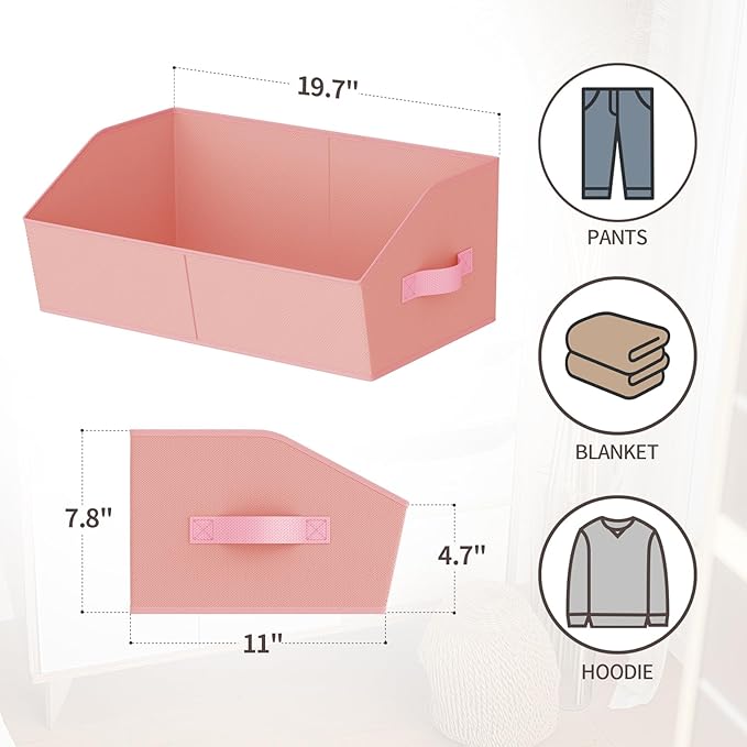 Storage Bins for Shelves - Large Trapezoid Closet Shelf Organizer, Fabric Organization Bins with Handles, Storage Baskets for Clothes, Towel, Purse, 4 Pack, Pink - Image 2