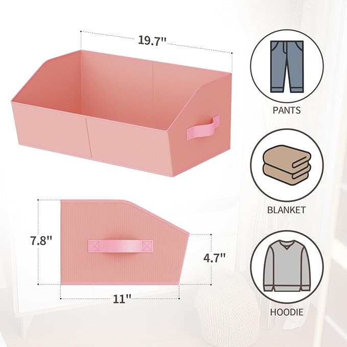 Storage Bins for Shelves - Large Trapezoid Closet Shelf Organizer, Fabric Organization Bins with Handles, Storage Baskets for Clothes, Towel, Purse, 6 Pack, Pink - Image 2
