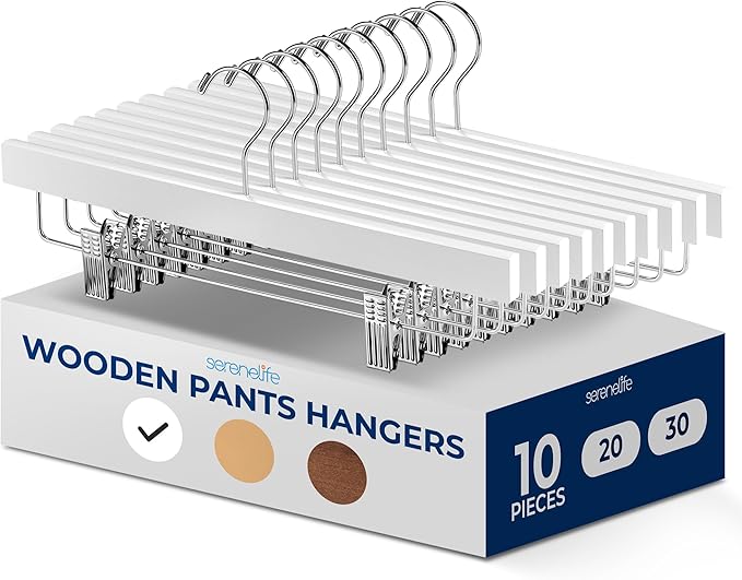 SereneLife Premium Wooden Pants Hangers 10 Pack, Solid 14" Wood Skirt Hangers with 2-Adjustable Clips, Heavy Duty & Anti Slip Wood Bottom Hanger for Slacks, Jeans, Trousers, Shorts (White) by SereneLife