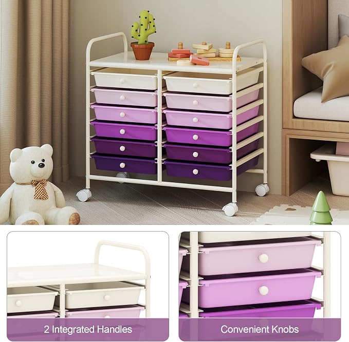 RELAX4LIFE 12-Drawer Rolling Storage Cart - Mobile Utility Cart on Wheels for School Classroom Teacher Office Salon, Paper File Art Supply Craft Organizer, Rolling Cart with Drawers (Gradient Purple) - Image 6