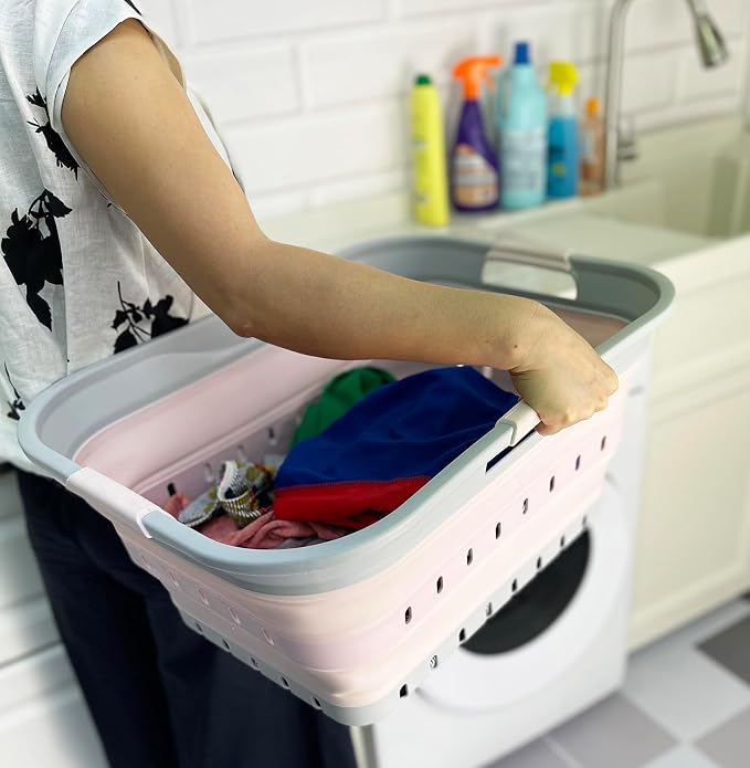 SAMMART 42 (11 Gallons) Collapsible Plastic Laundry Basket, Foldable Pop Up Storage Container/Organizer, Space Saving Hamper, Portable Bin for Dorm Room Bathroom (1, Grey/Pink) - Image 3