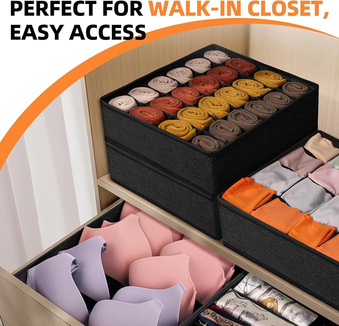 6 Pack Sock Underwear Drawer Organizer Dividers - Dresser Organizer for Baby Clothes - Closet Organizers and Storage for Bedroom Essentials for Dorm Room/New Home/Apartment (Black) - Image 6