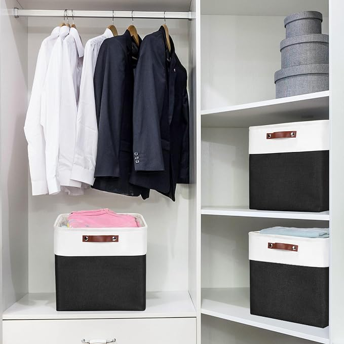 13x13 Cube Storage Bins, Collapsible Fabric Storage Box, 4 Pack Closet Baskets with Handles for Organizing, Shelf, Toys, Clothes, Home, Office, Nursery (Black&White) - Image 2