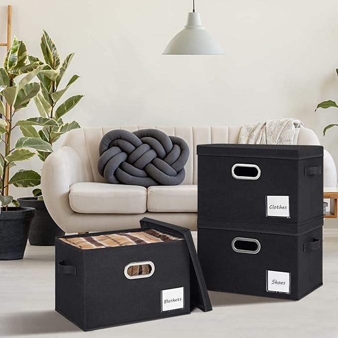 LHZK Extra Large Storage Bins with Lids 6 Pack, Foldable Linen Fabric Storage Boxes with Lids, Sturdy Fabric Storage Bins with Label & 3 Handles for Shelves Bedroom Home Office (Black, Extra Large) - Image 5