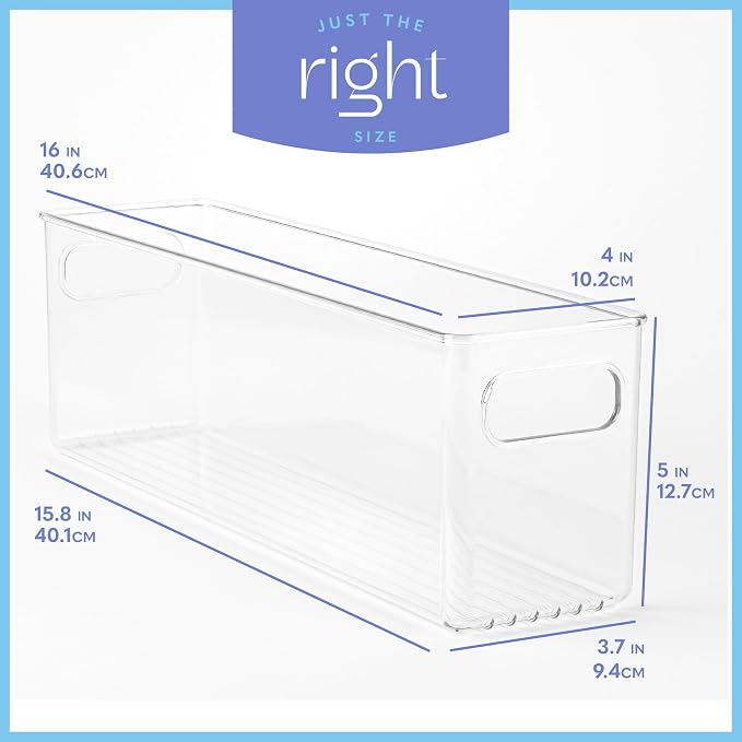 Plastic Food Storage Clear Container Bin with Handles for Organizing Kitchen, Pantry, Fridge, Freezer, Pantry,Bathroom. 16"x4"x5" - Image 3