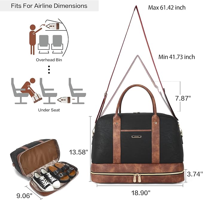 BOSTANTEN Weekender Bags for Women Travel Leather Overnight Bags | Shoe Compartment, Trolley Sleeve, Fits Under-seat, Airline-Friendly Carry-on Size, Designer, Weekend Getaways, Business Trip - Image 3