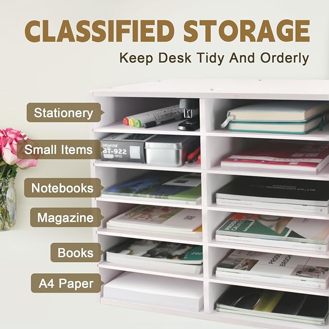SONGWAY Desk Paper Storage Organizer - 12-Slot Literature Organizer with Adjustable Shelves, Countertop Mail Sorter Organizer, Desk File Sorter Organizer, Mailbox for Classroom Office, White - Image 4