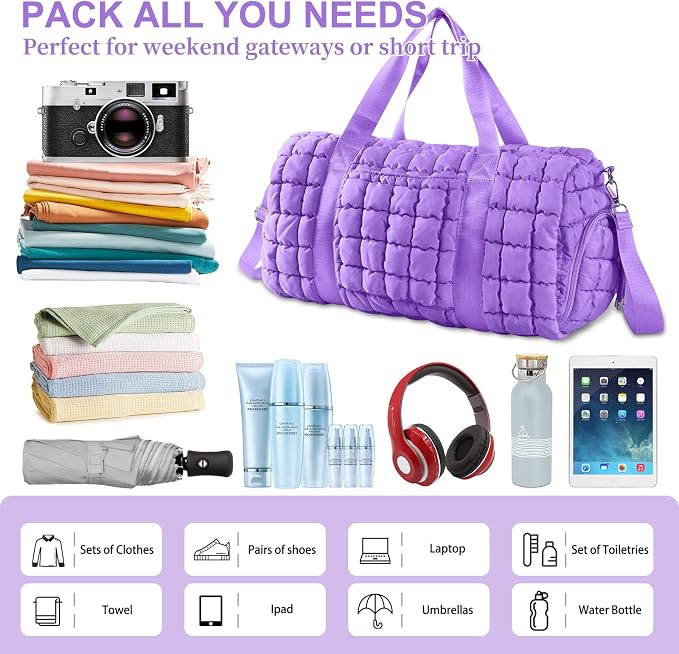 Quilted Travel Duffle Bag Gym Bag for Women,Large Puffer Duffle Weekender Bag with Compartment,Workout Overnight Carry on Organizer Bag Duffle Bag for Airplane Travel(Purple) - Image 4