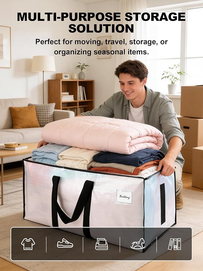 HOMESURE Supports 200lbs Heavy Duty Moving Bags - Strong Zipper & Wrap-Around Handles - Water-Resistant Storage Totes, Durable Alternative to Moving Boxes - 12 Pack - Semi-Transparent - Image 4