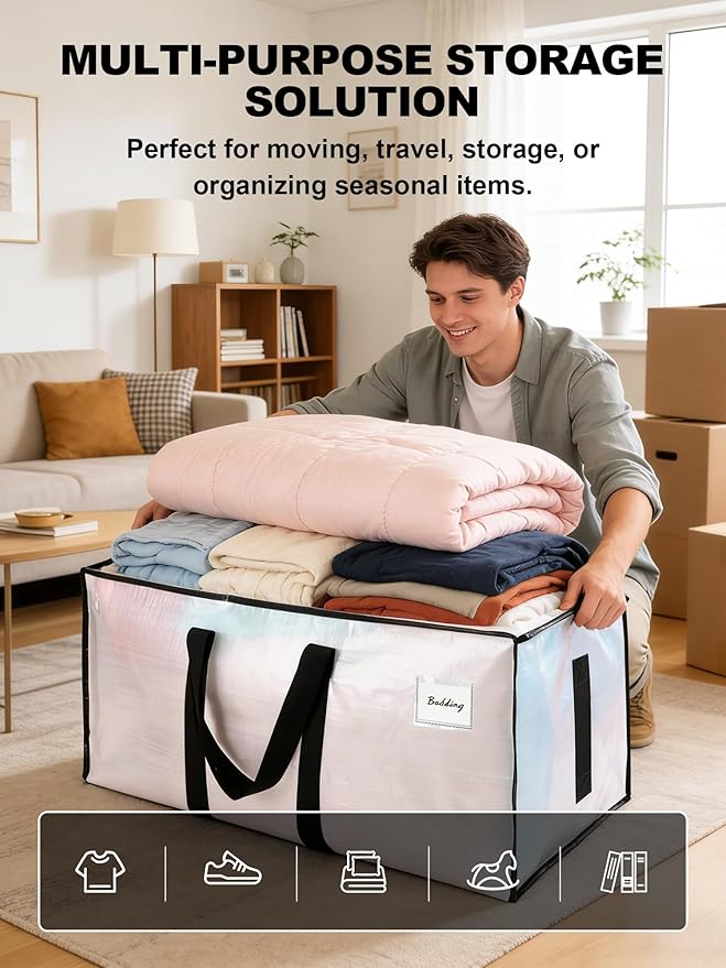 HOMESURE Supports 200lbs Heavy Duty Moving Bags - Strong Zipper & Wrap-Around Handles - Water-Resistant Storage Totes, Durable Alternative to Moving Boxes - 40 Pack - Semi-Transparent - Image 4
