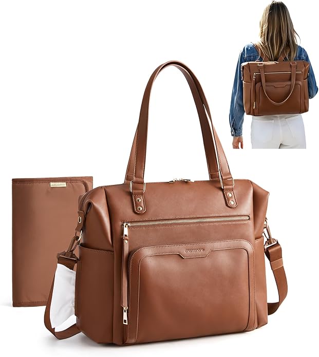 mommore PU Leather Convertible Diaper Bag Backpack, Crossbody Bag Tote | Converts into Diaper Backpack, Crossbody Bag, PU Leather Tote, Waterproof Changing Pad by mommore