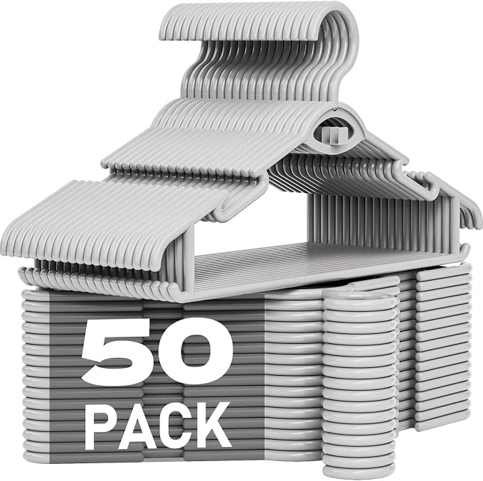Heavy Duty Plastic Hangers 50 Pack, Stackable Space Saving, Grey by UEAKPIC