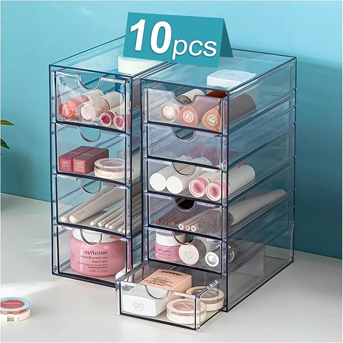 Acrylic Drawer Organizer with 10 Drawers, 2 Set Craft Organizers and Storage, Clear Storage Drawers, Desk Drawer Organizer for Vanity, Office Supplies, Jewelry, Pen by UDUK
