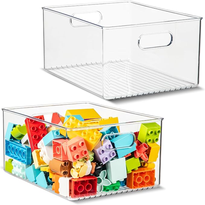 Plastic Food Storage 2 Pack Clear Container Bin with Handles for Organizing Kitchen, Pantry, Refrigerator, Freezer, Pantry, Cabinet, Closet, Bathroom 10”x8”x5” by primebox