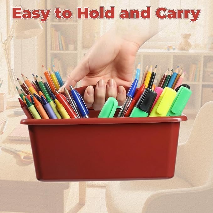 Kathfly 4 Pack Classroom Caddy Organizer with Handle, Plastic Art Craft Cleaning Caddy Bulk, Small Multipurpose Supply Organization Storage Basket for Table Desk Office Pencil Teacher (Deep Color) - Image 5