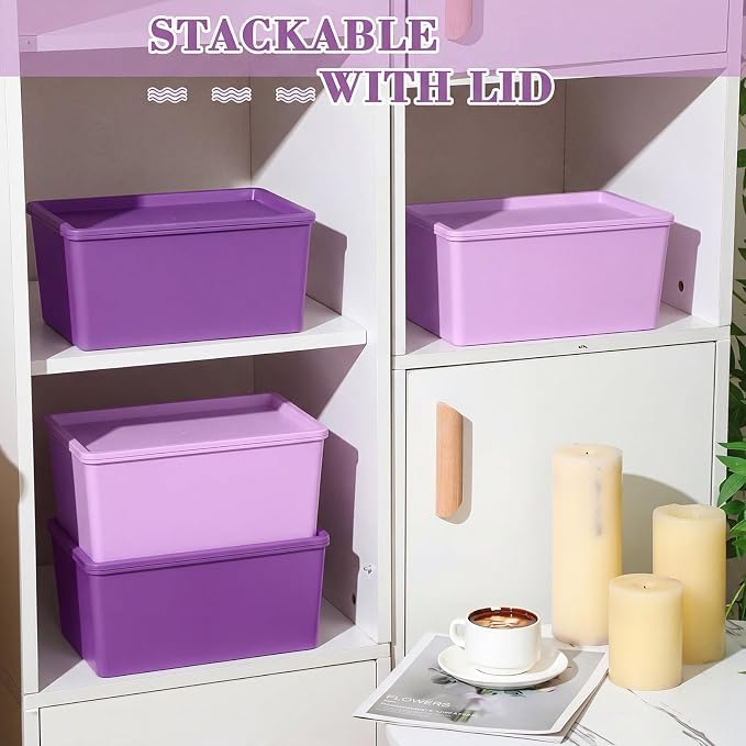 4 Pcs Storage Bins with Lids, Dark Purple, Light Purple, Small | Plastic Stackable Organizing Containers, Heavy Duty Storage Boxes for Classroom Room Shelves, Christmas Ornaments Baskets - Image 4