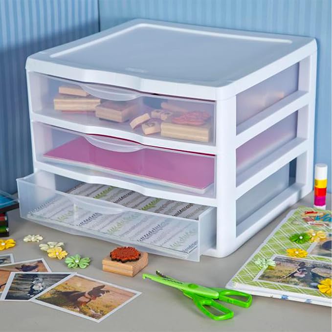 Sterilite 12-Pack Wide 3 Drawer Unit, Plastic Desktop Organizer with Clear Drawers, White Frame - Stackable Multi-Purpose Storage for Office Supplies, Craft Rooms, Classrooms and Home Organization - Image 8