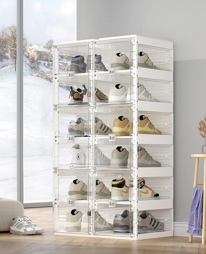 ANTBOX Foldable Shoe Rack,Shoe Organizers for Closet Plastic Shoe Storage Box Space Saving for Entryway, Large Sturdy Stackable Sneaker Cabinet Bins with Magnetic Clear Door 6 Tiers 12 Pairs - Image 5