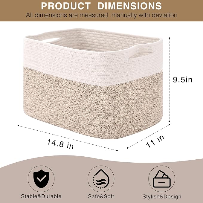 Storage Baskets for Organizing, Woven Storage Baskets for Shelves, Toy Storage Baskets for Kid's Room, Towel Baskets for Bathroom Nursery, 14.8"×11"×9.5", Pack of 3, Off White & Brown - Image 2