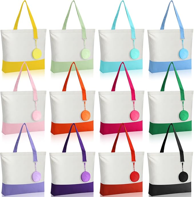 Sanwuta Canvas Tote Bags Bulk with Zipper and Plush Coin Purses 18.5" Reusable Cotton Shopping Bags with Handle for DIY Craft by Sanwuta