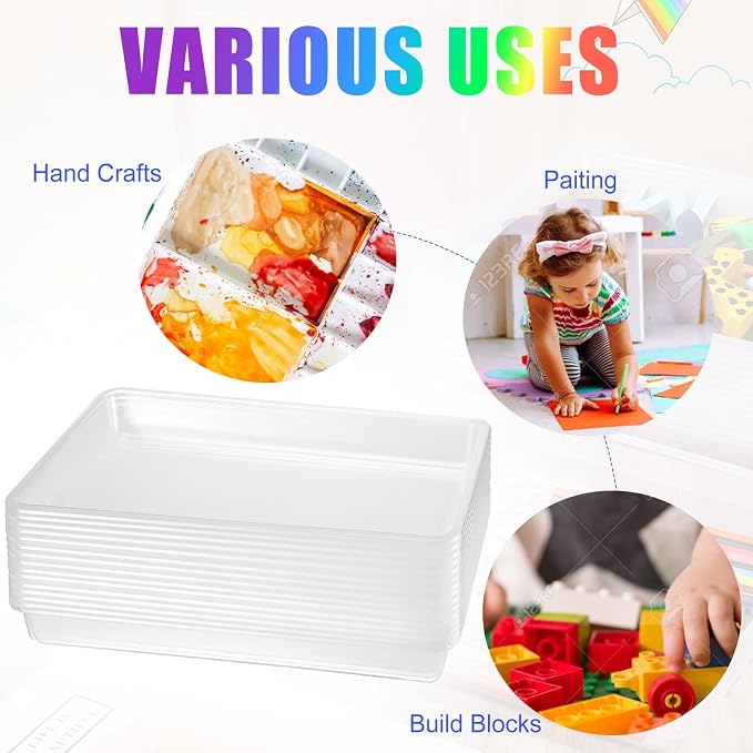 Maitys 15 Pcs Activity Plastic Art Trays 14.57 x 10.63 x 1.77 Inch Large Crafts Organizer Serving Storage Tray for Kids School Classroom DIY Project Painting Home Organizing Supply(Clear) - Image 4