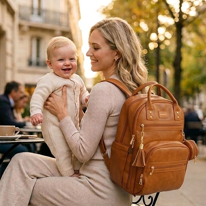 ROSEGIN Premium Vegan Leather Diaper Bag Backpack with Waterproof Changing Pad, Reinforced Zippers & Odor-Free, 20 Pockets Pro Organizer, Fits 15.6" Laptop, Stroller Straps, Baby Bag for Mom, Brown - Image 2