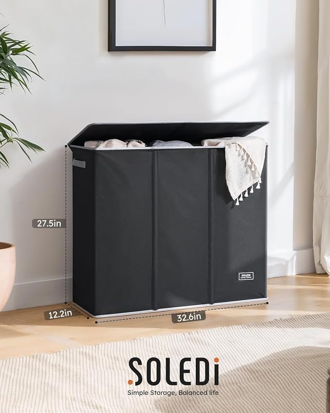SOLEDI Large Laundry hamper 3 Section with Laundry Bag, XL Clothes Basket | 3-Section Large capacity Laundry Sorter with Odor-Blocking Lid, Robust Iron Frame & Waterproof 600D Fabric, 3 Washable Bags - Image 7