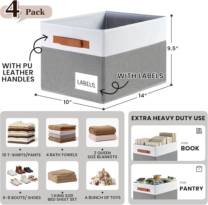 Large Closet Storage Baskets for organizing 4 Pack, Non-Dust-Absorbing Closet Shelf Organizer Bins with Handles & Labels - Decorative Collapsible Baskets for Living Room Bedroom Nursery Dorm - Image 3