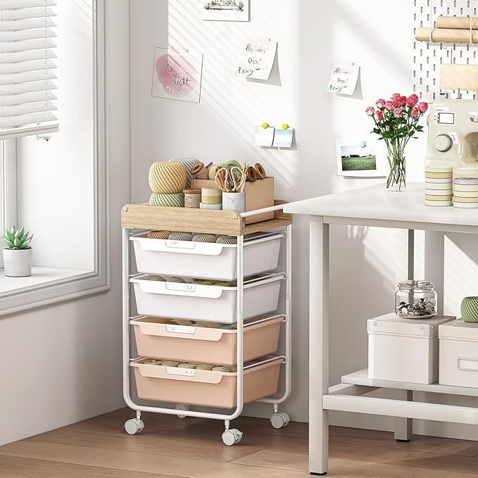 SYKIARIOL Rolling Storage Utility Cart with 4 Drawers,Art Cart,Pearl | Kids Craft Cart,Makeup Organizer and Storage with Wooden Tabletop - Image 4