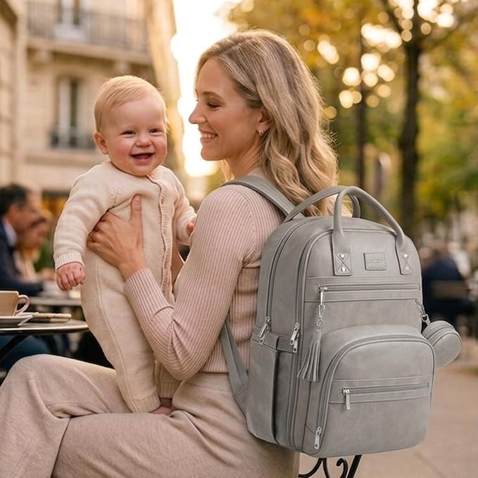 ROSEGIN Premium Vegan Leather Diaper Bag Backpack with Waterproof Changing Pad, Reinforced Zippers & Odor-Free, 20 Pockets Pro Organizer, Fits 15.6" Laptop, Stroller Straps, Baby Bag for Mom, Grey - Image 2