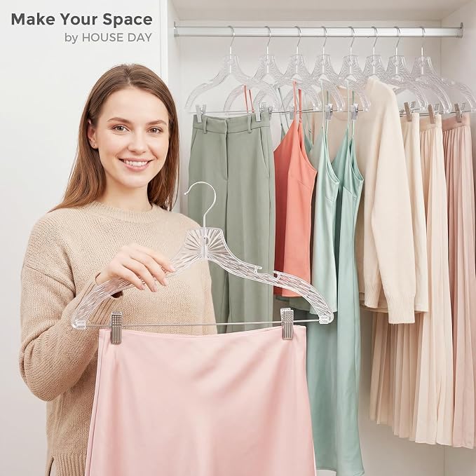HOUSE DAY Clear Hangers with Clips 12 Pack, Set Hanger for Tops and Bottoms | Clear Clothes Hangers with Adjustable Clips, Shoulder Notches and Swivel Hook for Pants, Skirts, Dresses and Tops - Image 2