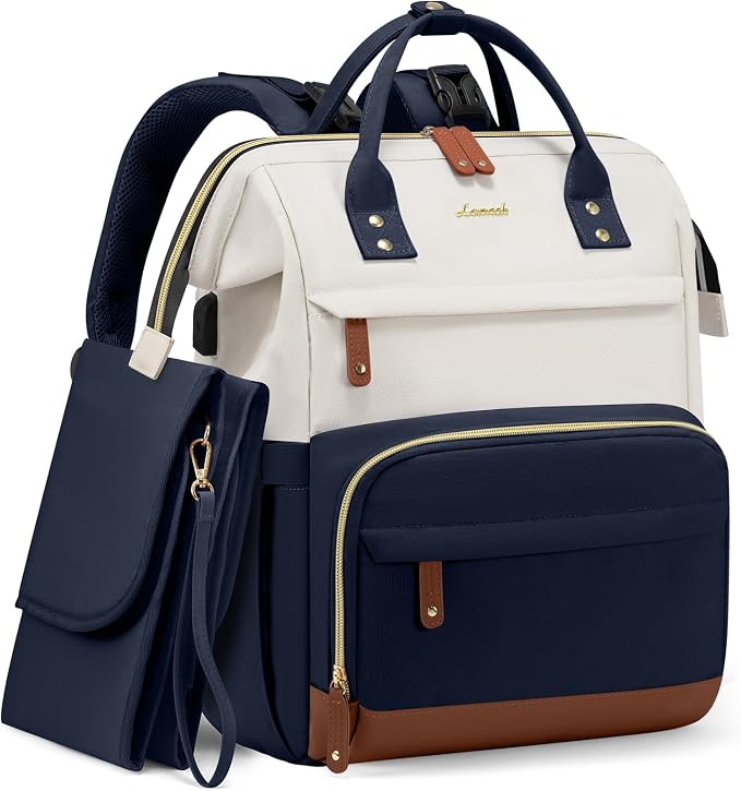 LOVEVOOK Diaper Bag Backpack, Baby Bag with Changing Station, Large Diaper Backpack for Mom Dads, Waterproof Leather Mommy Bag for Boy and Girl, Travel Essential Baby Shower, Navy Blue-Beige by LOVEVOOK