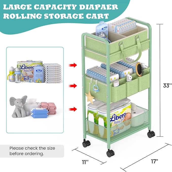 2in1 Baby Diaper Caddy Organizer Cart, 3-Tier Rolling Cart, Metal Diaper Caddy Carts, Bedside Carts for Nursery Essentials Storage, Detachable Dividers, Large Capacity, Green - Image 2
