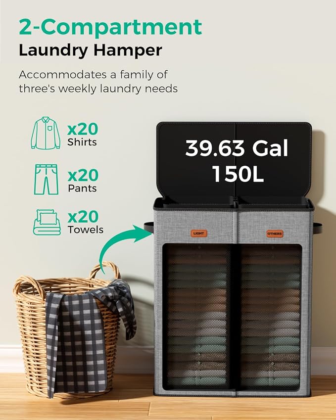 150L Dual-Compartment Laundry Hamper with Lid & Removable Inner Bag – Large 2-Section Clothes Hamper for Home, Dorm & Laundry Room - Image 5
