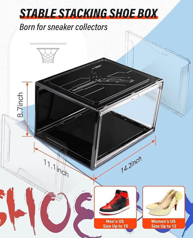 KDOR Clear Shoe Boxes Stackable, 3 Pack Shoe Storage Box with Lids Magnetic Door, Clear Sneaker Storage Acrylic Boxes for Display, Fit Shoe Size Up to US 15（Side 3 PACK BLACK） - Image 2
