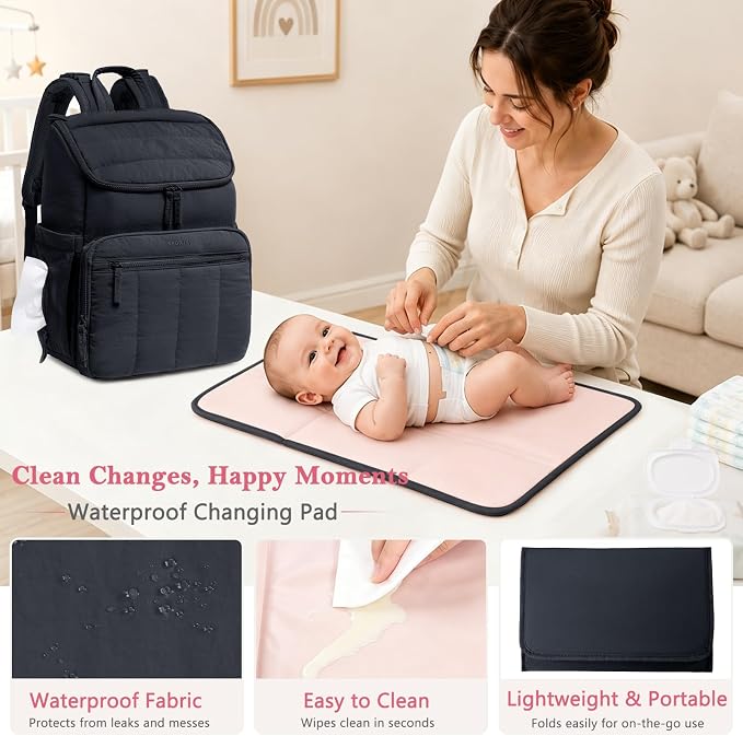 Puffy Diaper Bag Backpack for Mom, Lightweight Quilted Baby Bag with Waterproof Changing Pad, Large Travel Diaper Backpack with Insulated Bottle Pockets, Wipes Pocket, Stroller Straps - Image 6