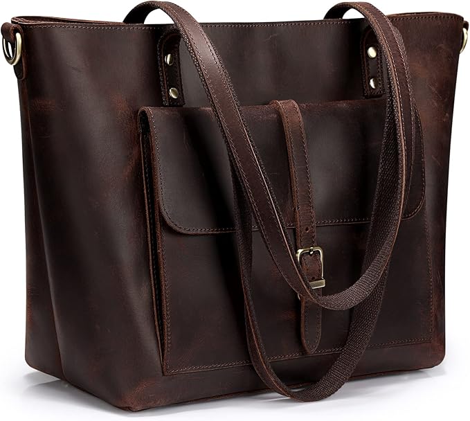 S-ZONE Women Vintage Genuine Leather Tote Bag Large Shoulder Purse Work | 14" Padded Laptop Compartment, Detachable Long Strap, Luggage Strap, Multi Pockets, Travel Everyday by S-ZONE