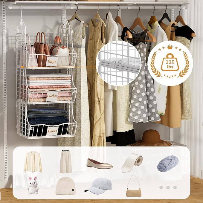 Hanging Closet Organizers and Storage, 6 Tier Closet Shelf Clothes Organizer with 2 S-Hooks, Multi-Functional Iron Wire Baskets, for Clothing, Sweaters, Handbags, Hat, Canned - Image 3