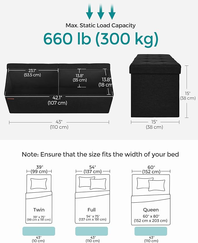 SONGMICS 43.3 Inches Folding Storage Ottoman Bench, Load 660 lb | Ottoman Foot Rest, Storage Chest, for Living Room, Entryway, Ink Black, MINOTA Collection ULSF077B01 - Image 2