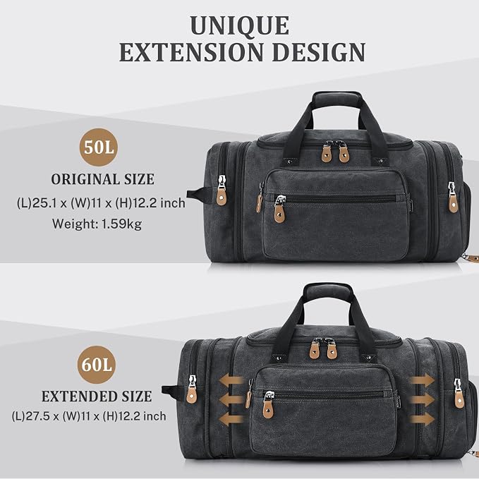 Gonex Canvas Duffle Bag, Expandable 60L Travel Overnight Weekender Bag | for Men, with Shoe Compartment, Multiple Pockets, Tear-Resistant, Durable Zippers, Detachable Strap, Dark Gray - Image 5
