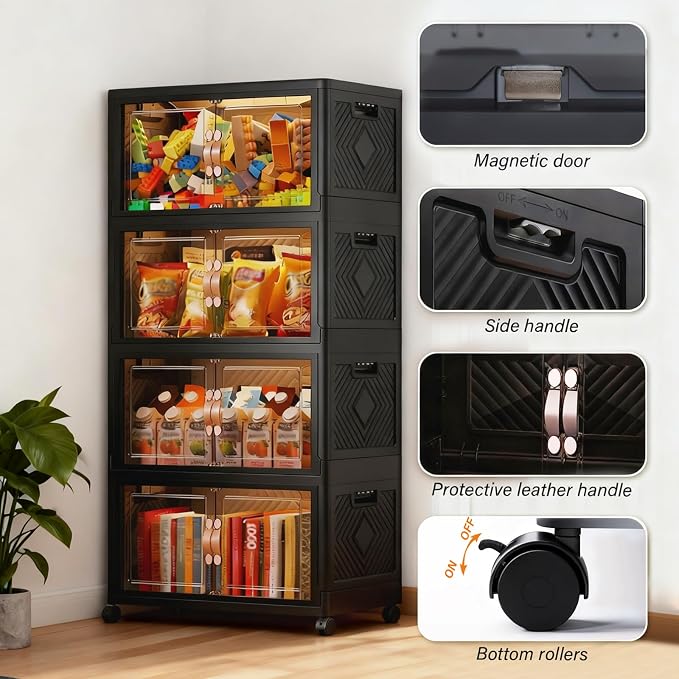 Collapsible Storage Bins with Lids&Wheels-252QT(63Gal) | Stackable Plastic Containers with Doors,Heavy-Duty Foldable Organizer Bins for Home,Office,Books,Black,4-Pack - Image 4