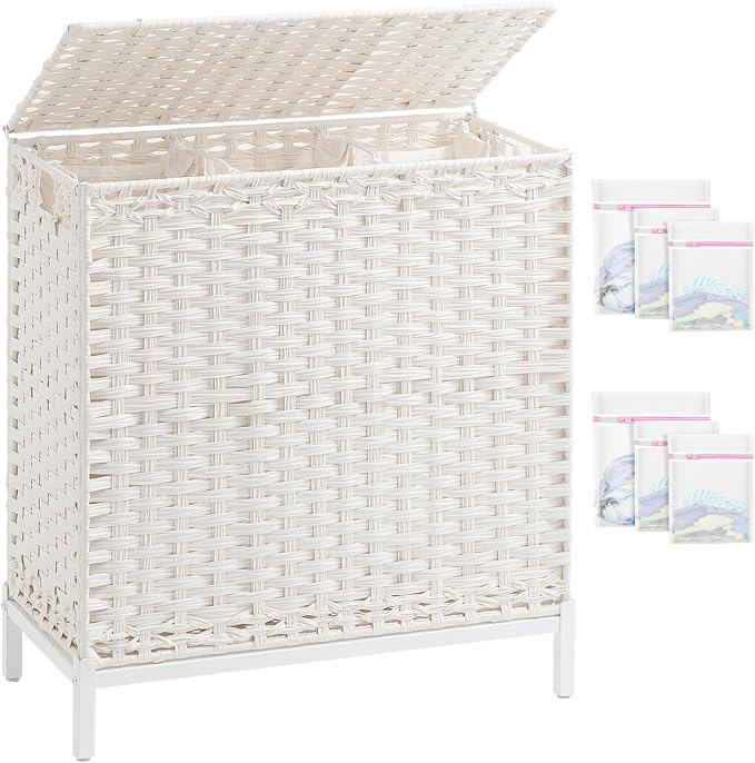 SETVSON Laundry Hamper with Lid, Large 132L Rattan Basket, White | 3-Section Large 35 Gal Clothes Hamper, 3 Removable Bags, Heightened Metal Feet, 6 Mesh Laundry Bags, Steel Frame by SETVSON