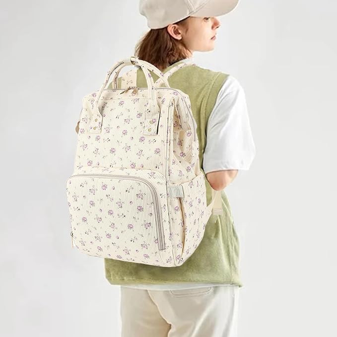 Corduroy Diaper Bag Backpack for Baby Girls Boys, Women Large Nappy Bags for Mom (Beige Corduroy Flowers Purple) - Image 2