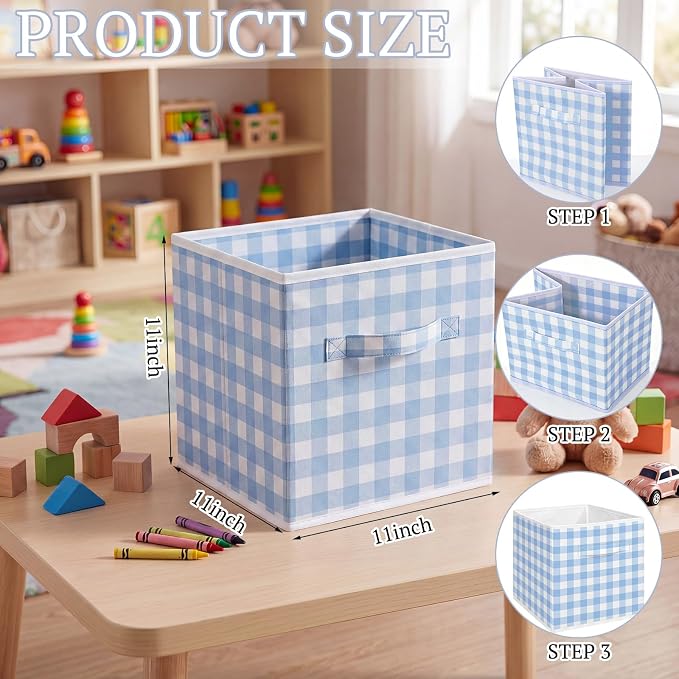 Yalikop 6 Pcs Blue Gingham Cube Storage Bins, 11 Inch Fabric Checkered Classroom Storage Bins Organizer with Handle Preppy Collapsible Cubby Basket for Classroom Home Nursery Playroom Bedroom - Image 2