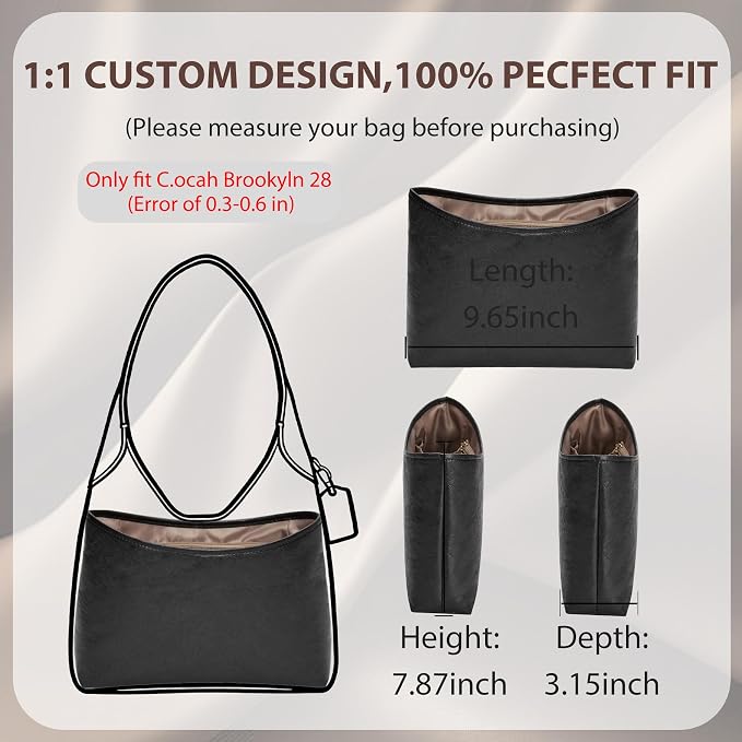 Brooklyn 28 Bag Insert, Purse Organizer Insert for Coach, Black Maple | Waterproof Dupontpaper For Coach Brooklyn Shoulder Bag 28, Lightweight, 5 Compartments Zipper Pocket, Elastic Holders - Image 2